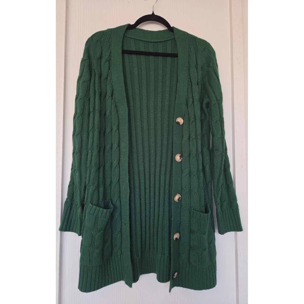 Forest Green Cable Knit Cardigan Sweater Sz M Cottage Fairy Fisherman Boho Twee